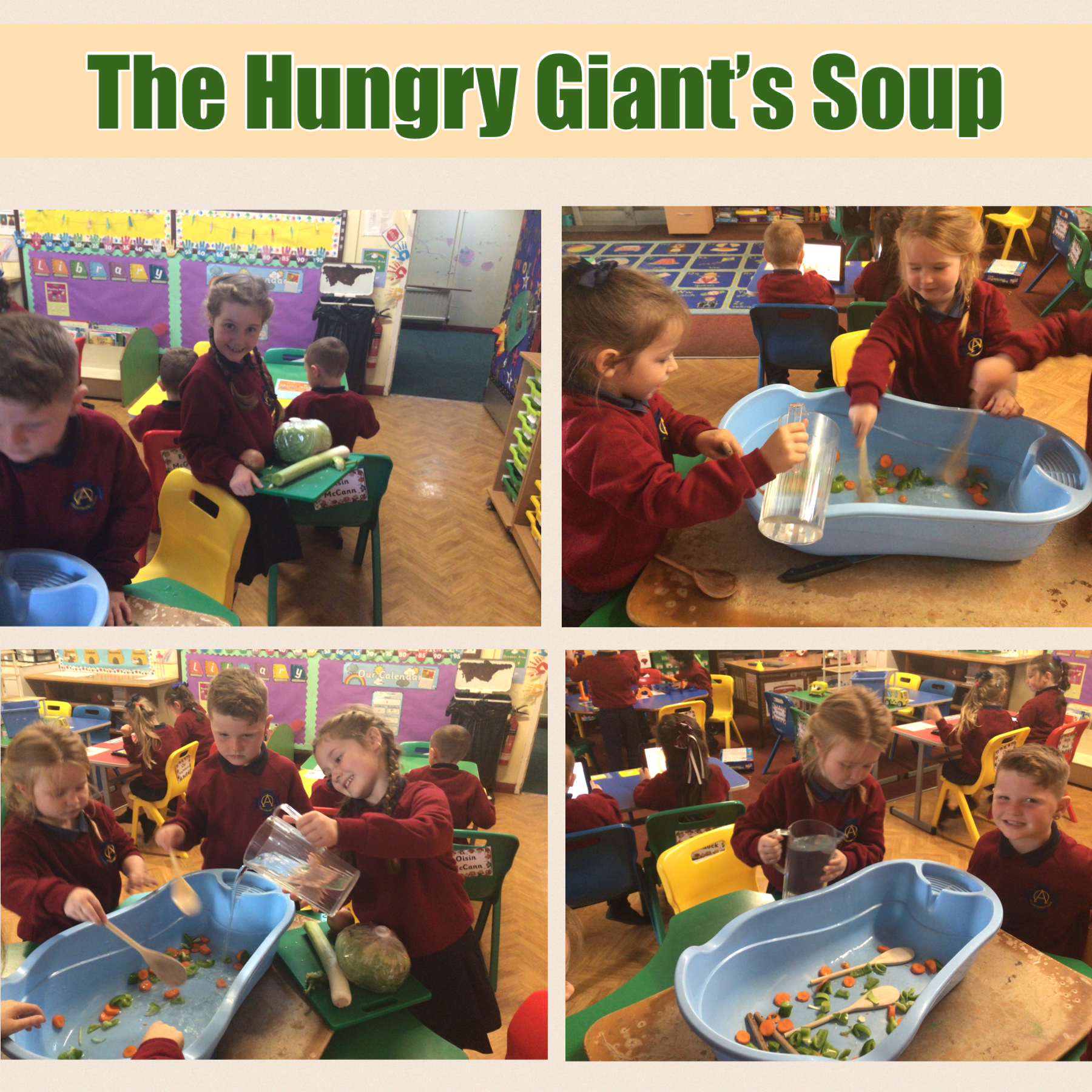 Recalling and re-enacting the story of, 'The Hungry Giant's Soup'. 